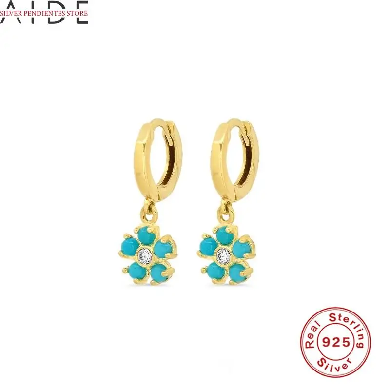 

AIDE 10mm 925 Sterling Silver Snowflake Diamonds Turquoise Hoop Earrings Women Gold Round Hoop Drop Earring Brinco Prata