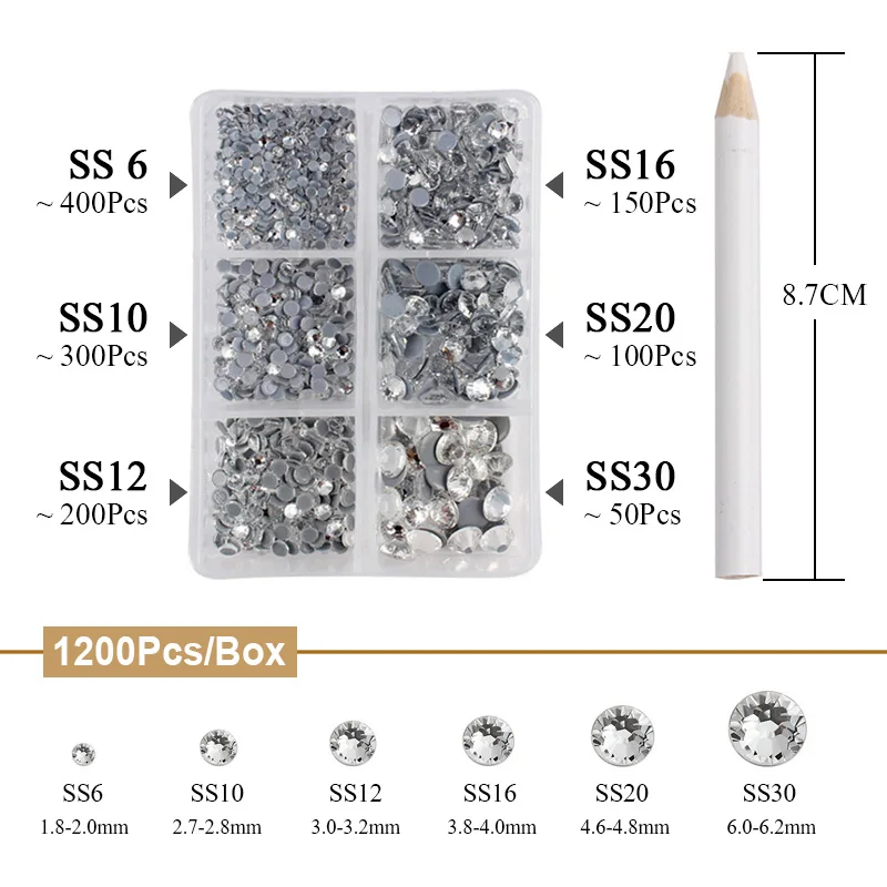 Новый набор 1200 шт/коробок кристалл AB стразы Горячая фиксация ss6-ss30 смешанные