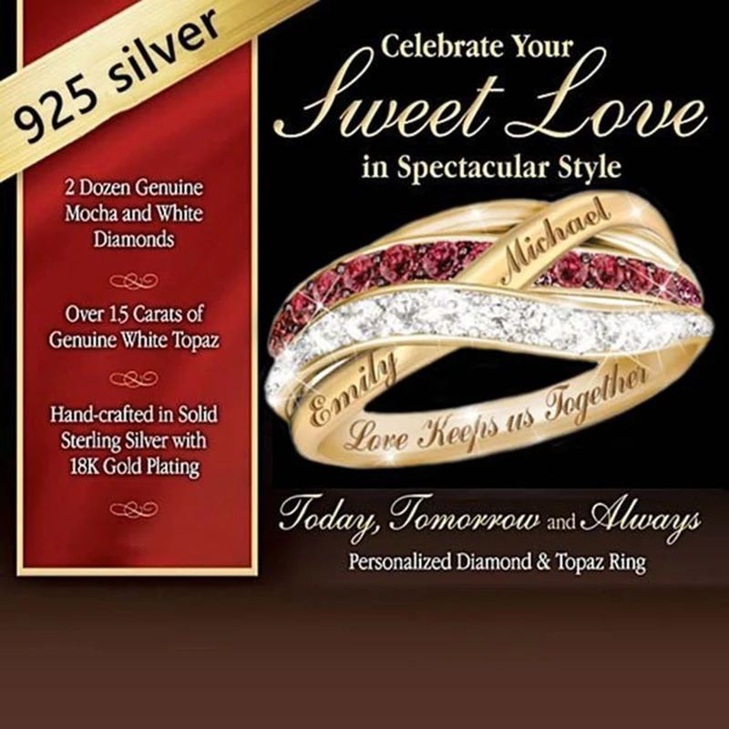 

New Zircon Twist fashion ladies luxurious wedding party ring red white encrusted American style twined lettered ring