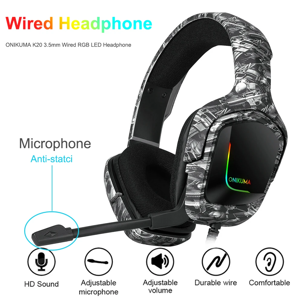 ONIKUMA K20 3.5mm Wired Headphone RGB Backlight Gaming Headset with Microphone for Desktop PC Gamers Phone PS4