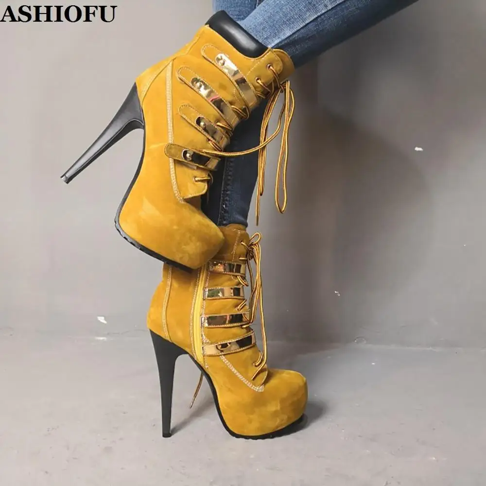 

ASHIOFU/женские ботинки ручной работы на высоком каблуке, на шнуровке, реальные фотографии, вечерние ботильоны для выпускного вечера, на платфо...