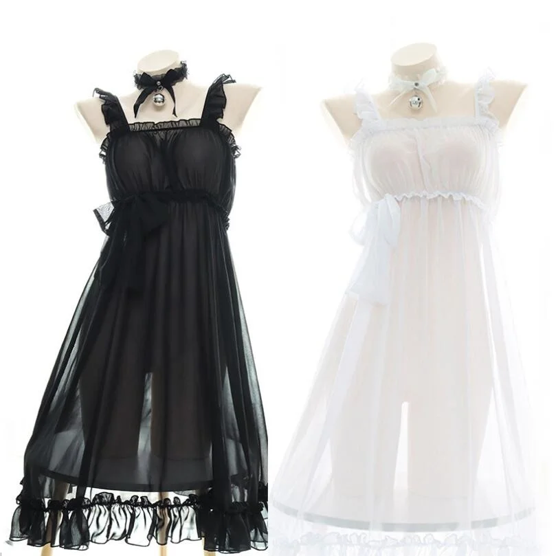 

Japanese Sexy Semi-permeable Chiffon Pajamas Girls Solid White Sweet Bowknot Sleeveless Private Nightdress Cosplay Maid Dress