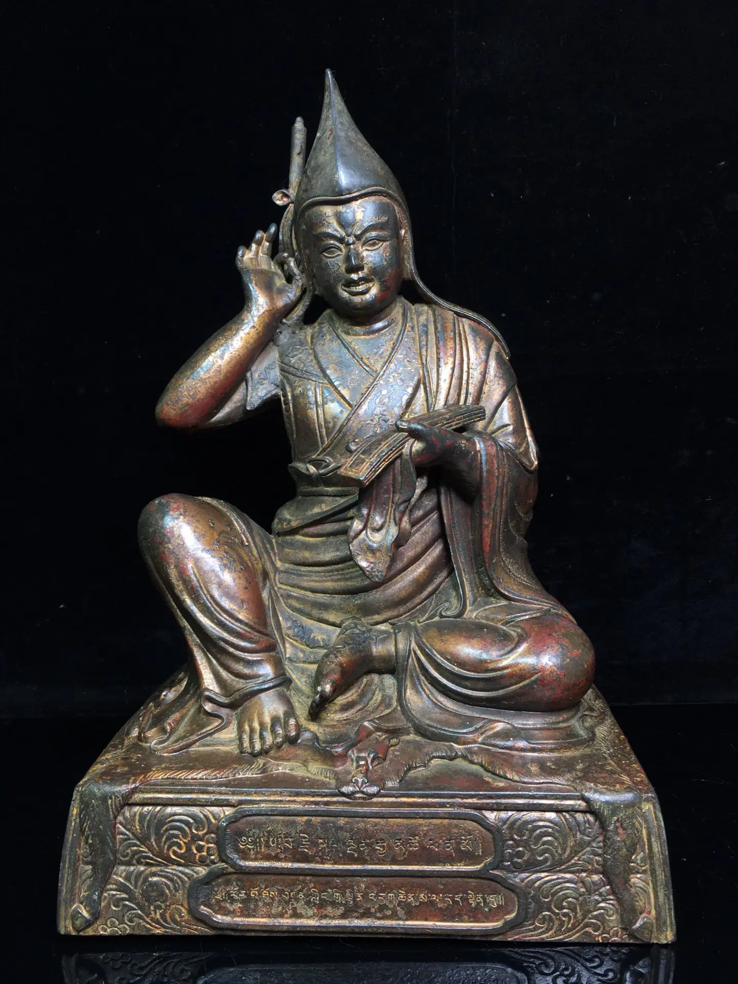 

12"Chinese Folk Collection Old Bronze Cinnabar Lacquer Tsongkhapa Tibetan Buddha Sitting Buddha Ornaments Town House Exorcism