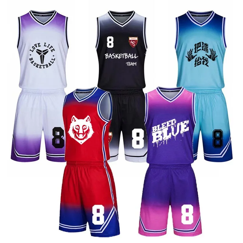 Men & Child Gradient Basketball Jersey + Short Sets , Youth Top College Basketball Training Uniforms Athlete Throwback Kits Suit