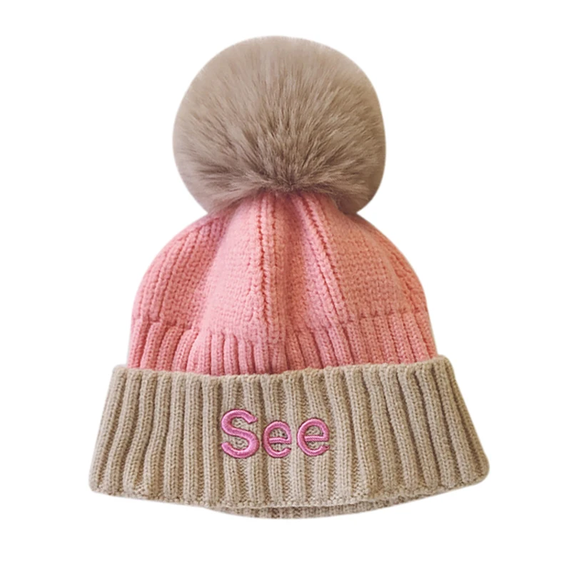 

Winter Newborn Knitted Hemming Caps Cute Warm Kids Girls Boys Hat Baby Plush Ball Design Patchwork Color Hats 2020 Fashion