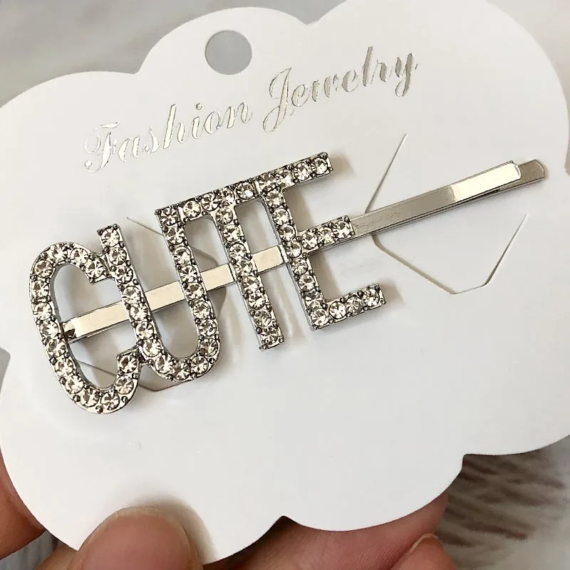 CUTE-Silver 1 шт. женские буквы Стразы хрустальные шпильки для волос металлические заколки для волос аксессуары для волос серебро/золото да/секс/поцелуй - Цвет: CUTE-Silver