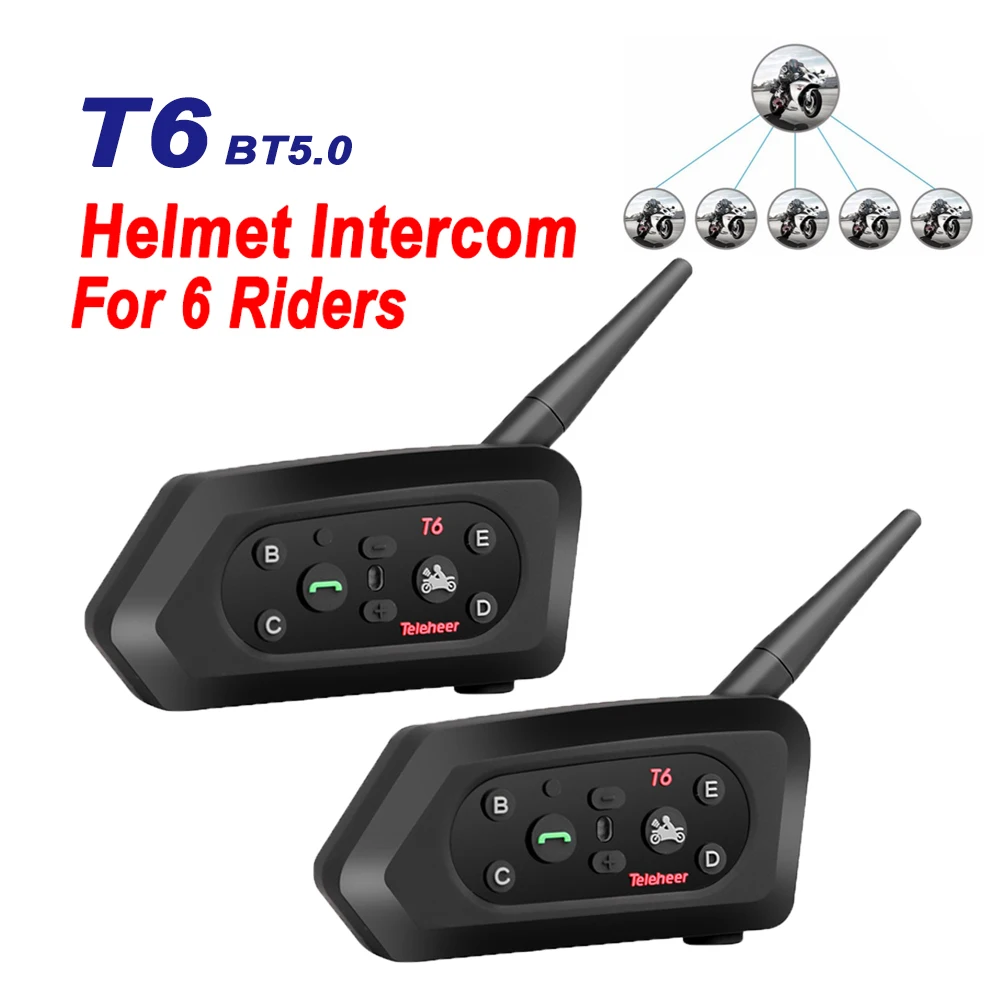 

Teleheer T6 850mAh Bluetooth Motorcycle Communicator Helmet Intercom Headset With Mic 1200m Interphone For 6 Riders