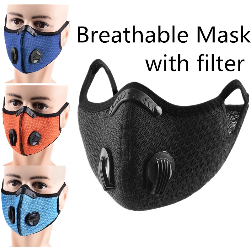 Cycling Mask with PM2.5 Filter Breathing Valve Earloops Activated Crbon Mouth Mask Outdoor Bicycle Half Helmet Face Mask