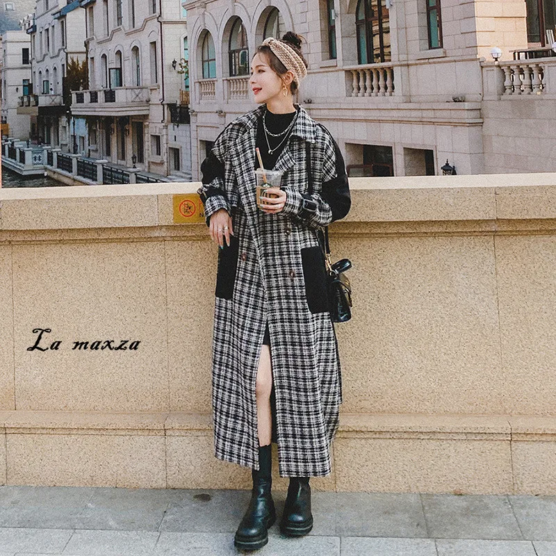 

Женское клетчатое пальто, повседневное длинное двубортное кашемировое пальто в офисном стиле с поясом, зима 2020