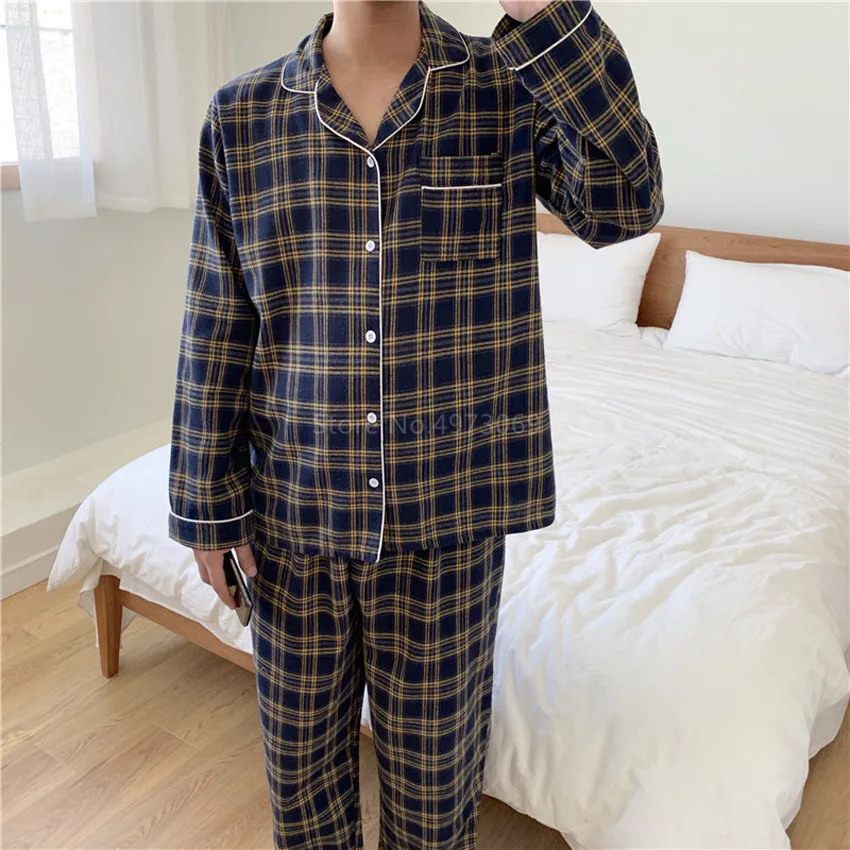 

2020 Couple Plaid Pajamas Sets Tops Pants Long Sleeve Women Men Pyjama Set Cartoon Button Casual Home Service Lounge Sleepwear