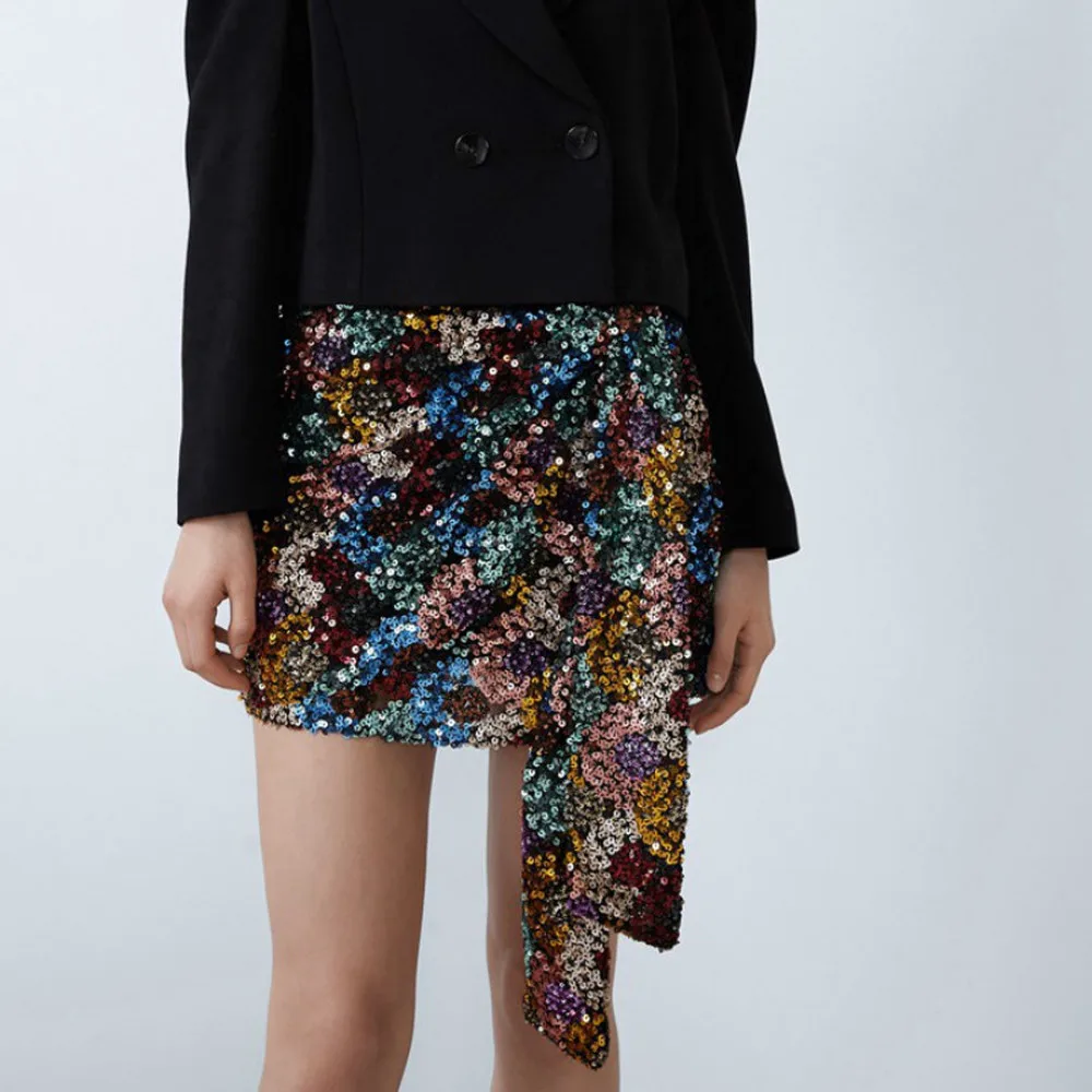 Female Chic Draped Mini Skirt Sexy Ladies Wrap Club Bottoms Luxurious Birthday Club Party Bodycon Glitter Sequin Skirts A-Line