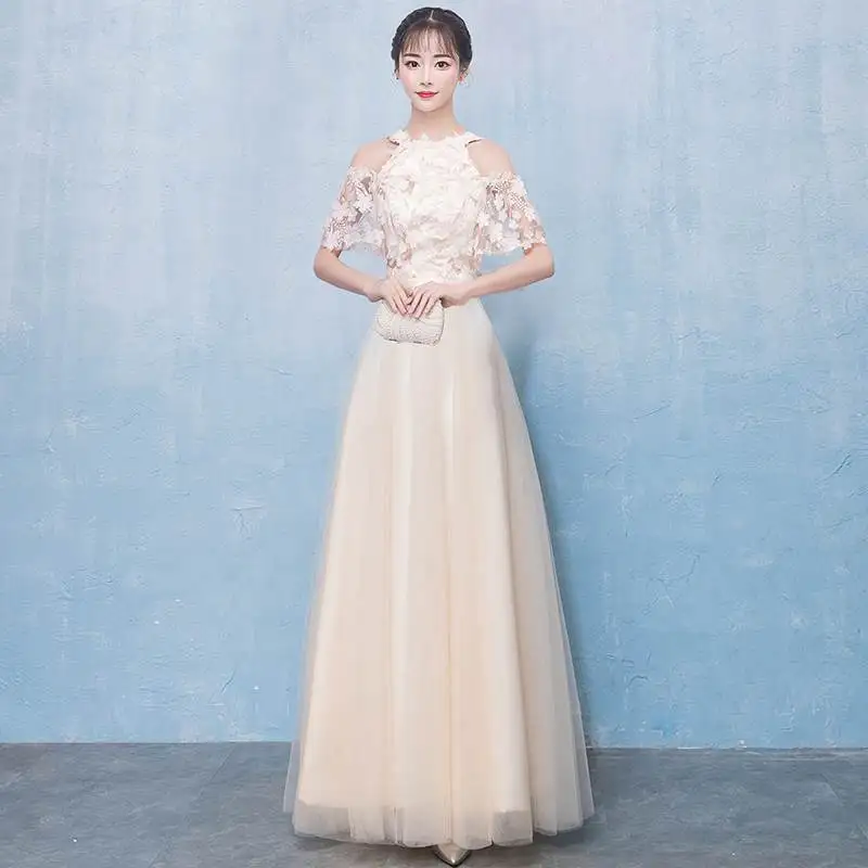 

Flower Appliques Mesh Cheongsam Halter Perspective Flare Sleeve Qipao Prom Party Dress Gown Sexy Maxi Champagne Robe De Soiree