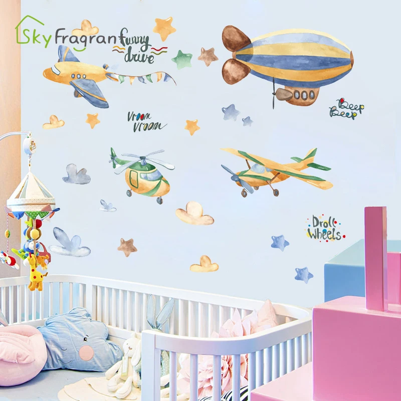 

Gouache cartoon aircraft stickers kids room decoration baby bedroom wall sticker self-adhesive home decor living room wall decor