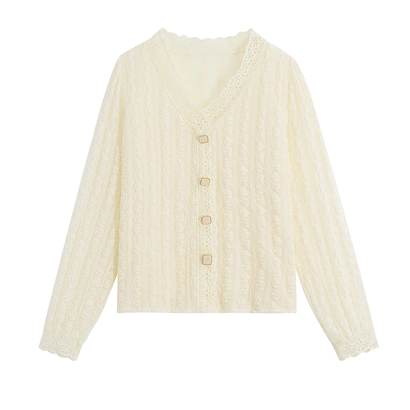 

Autumn 2020 new style v-neck lace shirt long-sleeved design niche shirt mesh three-dimensional hollow top women high-end