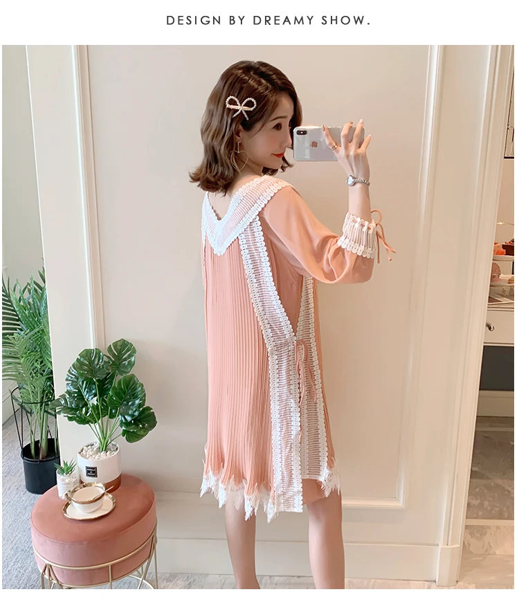 Summer Sleeveless/Long Sleeve Maternity Chiffon Pleated Dress V-neck Lace Patchwork Tassel Hem Pregnant Women Dress Sweet