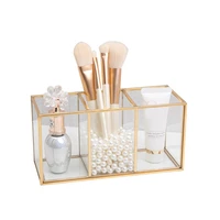 transparent glass makeup brush storage box gold cosmetics container ring pencil lipstick holder make up brushes organizer