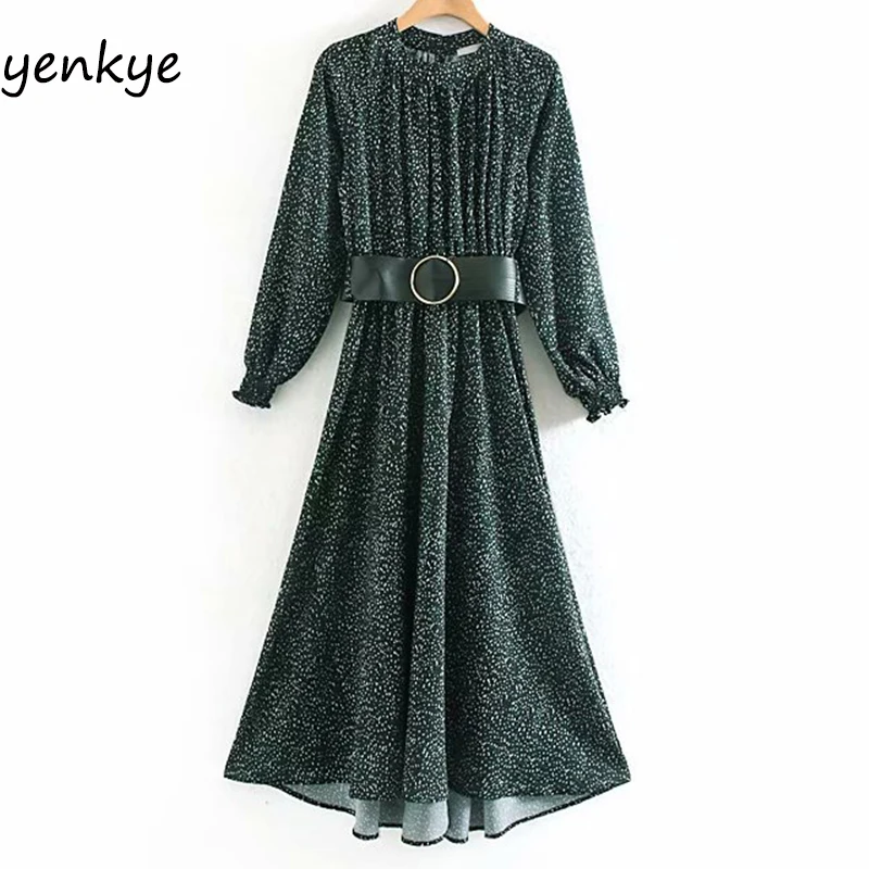 Женское винтажное длинное платье с цветочным принтом длинным рукавом круглым