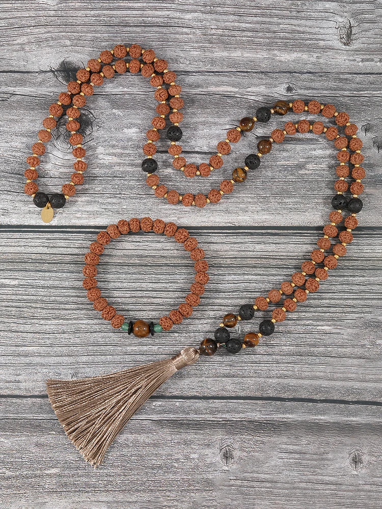 

YUOKIAA Natural Ethnic Rudraksha Tiger Eye Mala Necklace &Bracelet 108 Bead Knotted Buddhism Rosary Jewelry Yoga Tassel Necklace