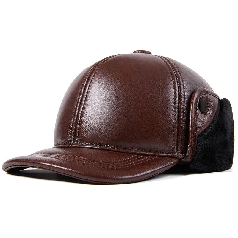 

Men's Leather Hat Winter Genuine Leather Baseball Cap Casual Ear Protect Warm Hat Cowhide Dad Hat British Classic Russia Cap
