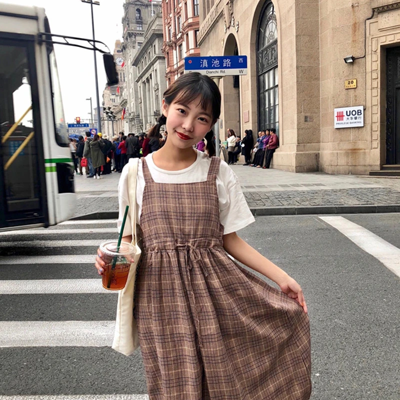 Японское летнее модное женское новое платье в клетку с круглым вырезом и поясом