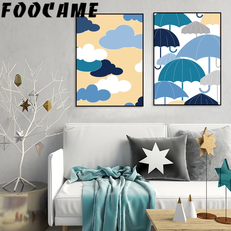 Голубое облако дождь зонтик мультфильм плакаты и принты Художественная Картина