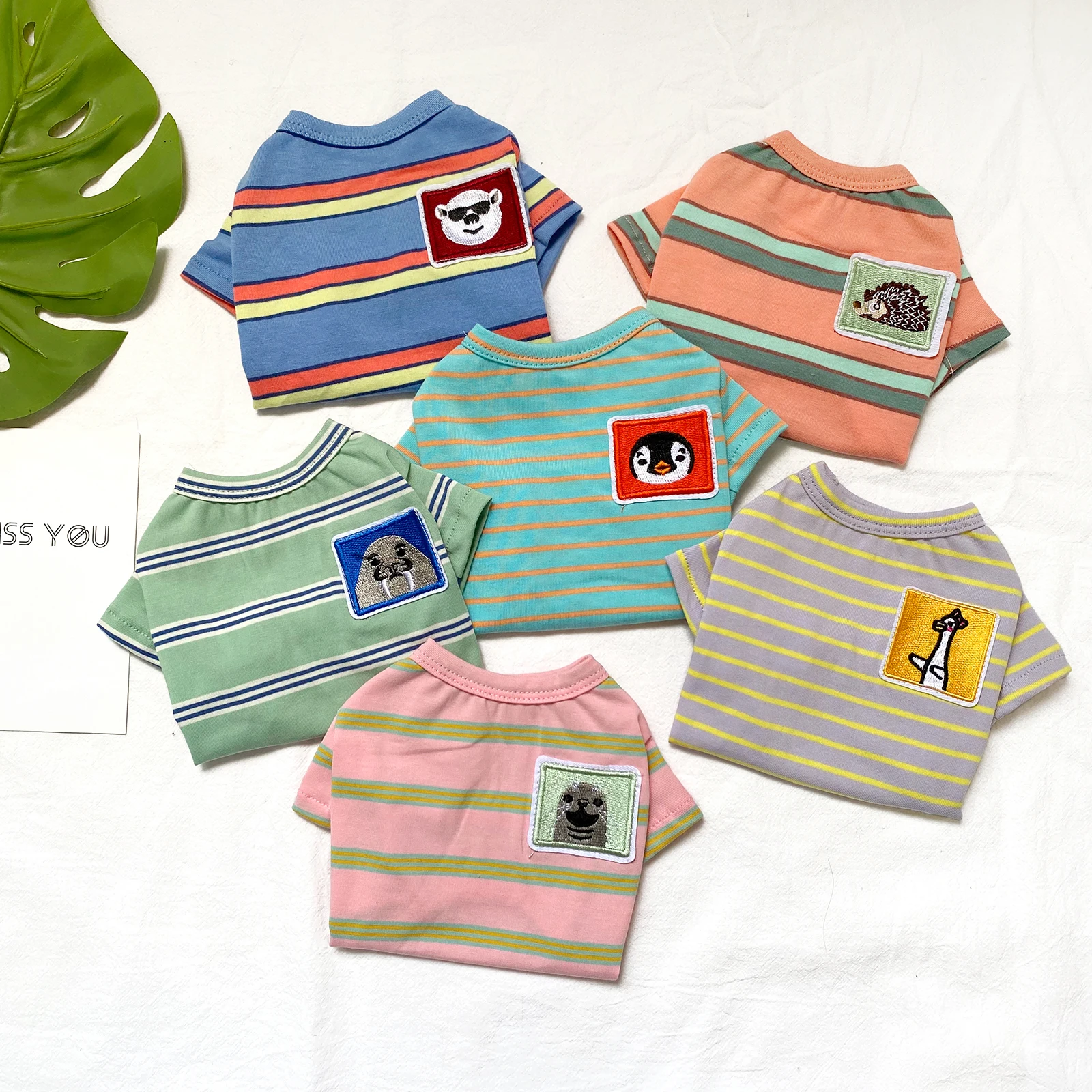 

Spring and summer pet cartoon embroidery striped clothes French fighting puppies kitten T-shirt cotton Teddy dog clothes