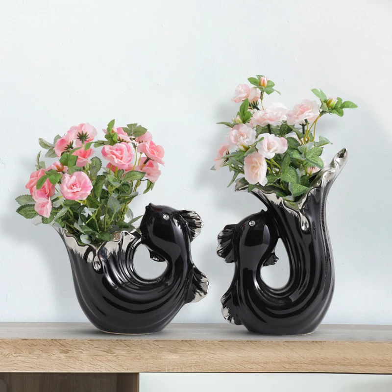 

Modern Simple Fish Hop Flower Vase Abstract Animal Cute Fish Floral Organ Art Ceramic Crafts Home Decoration Office R3081
