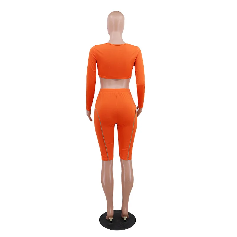 Stylish sexy hollowed-out two-piece outfit splicing round neck long sleeve waist suit and shorts new casual women's | Женская одежда