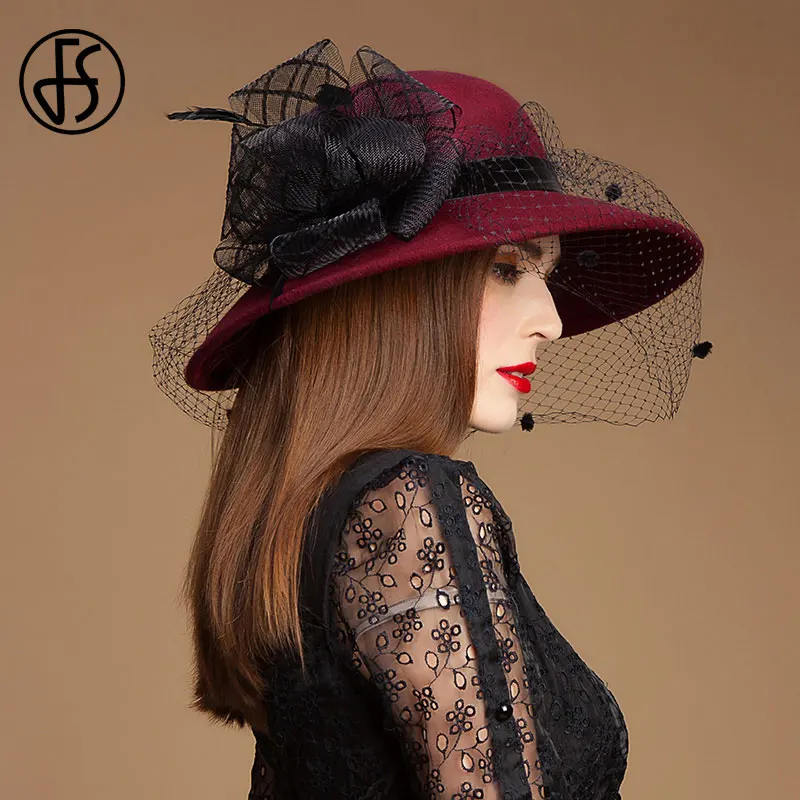 Женская фетровая шляпа FS шерстяная с вуалью черного цвета для вечеринок на