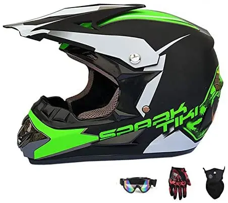 

Motocross Racing Helmet, Full Face Motorbike Helmet, DOT Approved(Gloves, Goggles, Face Shield), 4Pcs Set,Green,L