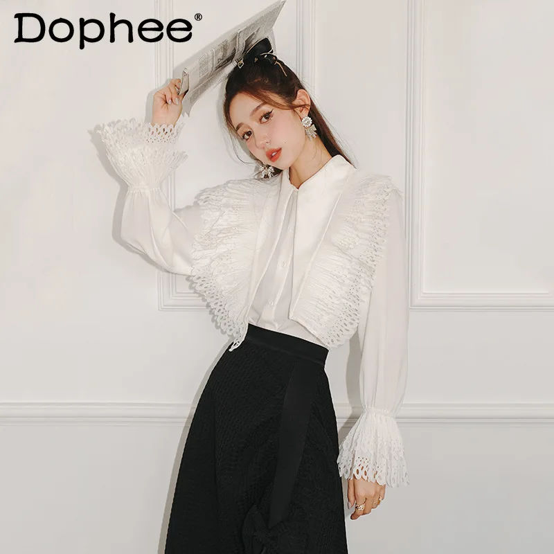 

Новинка осени 2021, женская одежда, корейский стиль, вязаная рубашка с большими лацканами и пышными длинными рукавами, топы, женская белая блу...