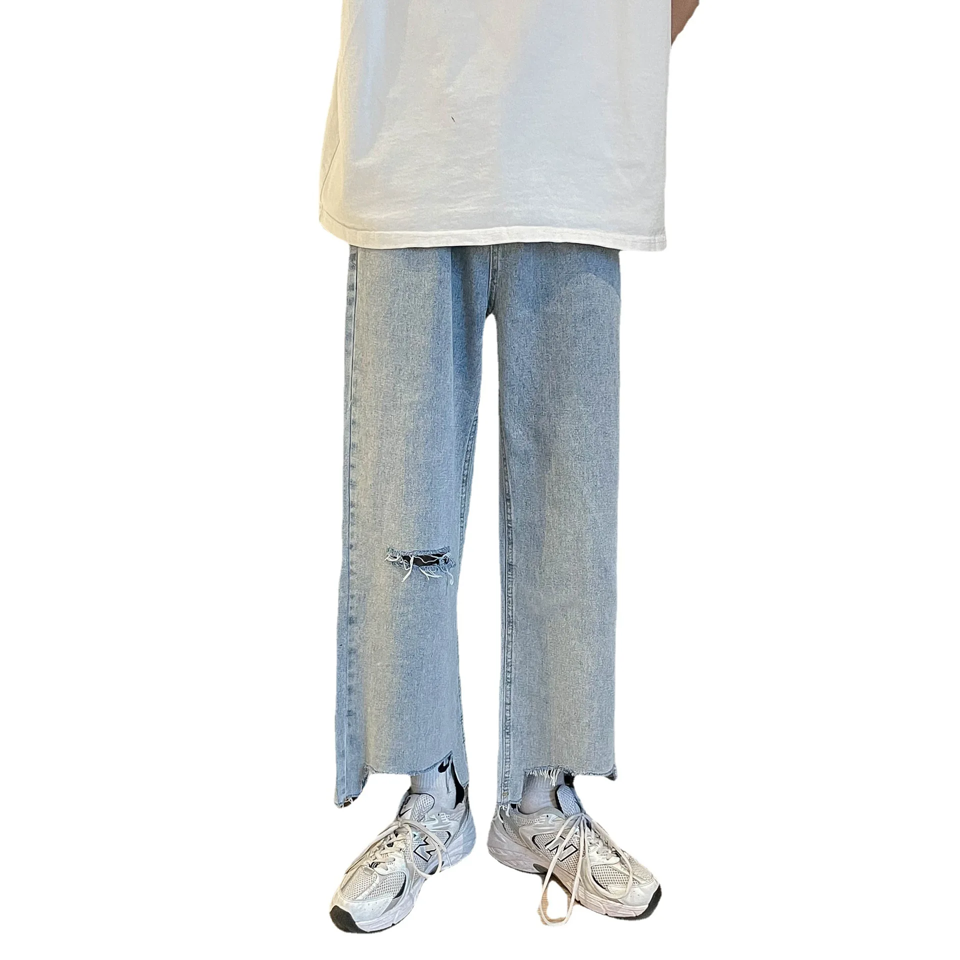 

New Summer 2021 Light Color Torn Jeans Thin Straight Loose Cropped Pants for Men