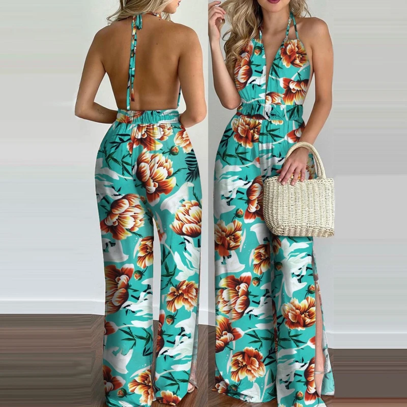 

2021 Women Summer Jumpsuit Tropical Print Halter V Neck Wide Leg Backless Sexy Casual Beachwear Vacation Sleeveless Jumpsuits