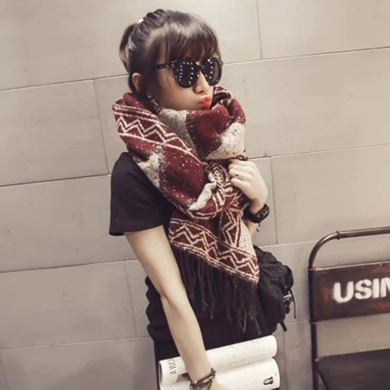 

Cashmere Scarf Women's National Style Shawl Dual Purpose Geometric Tassel Warm Simple Versatile Women's Scarf Korean Fashion