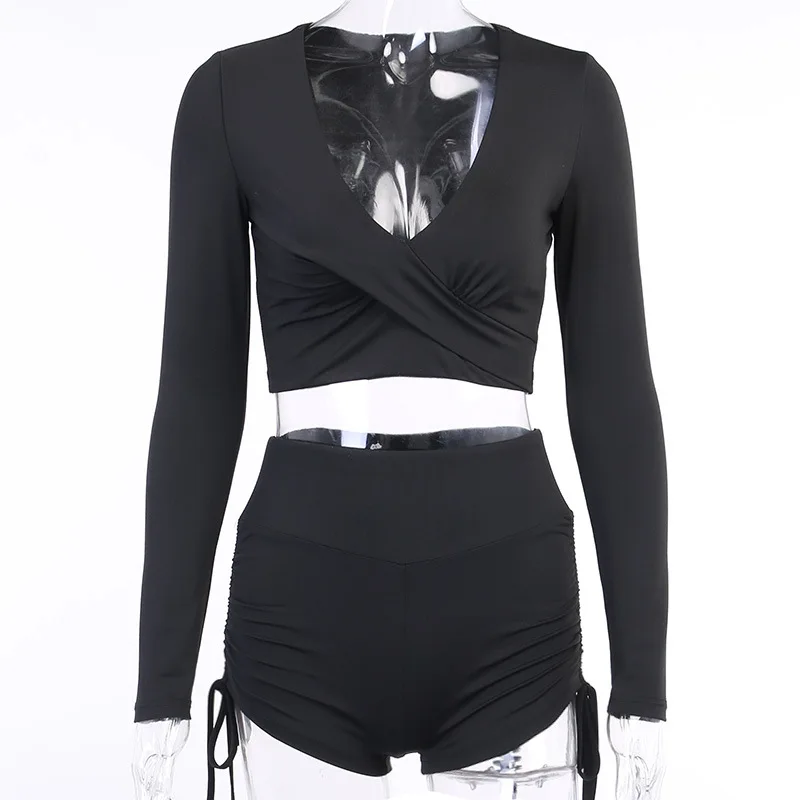 

2020 Sexy New Arrivals Autumn Style Long Sleeve V Neck T-Shirt Bodycon Solid Shorts 2 Piece Set Women Summer Style Sets