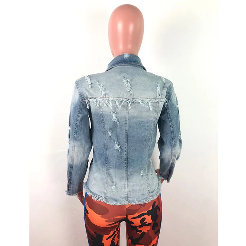 

Denim Jacket 's Fashion Washed Hole Long Sleeve Women Square Collar Short Outerwear & Coats Polyester Punk Style