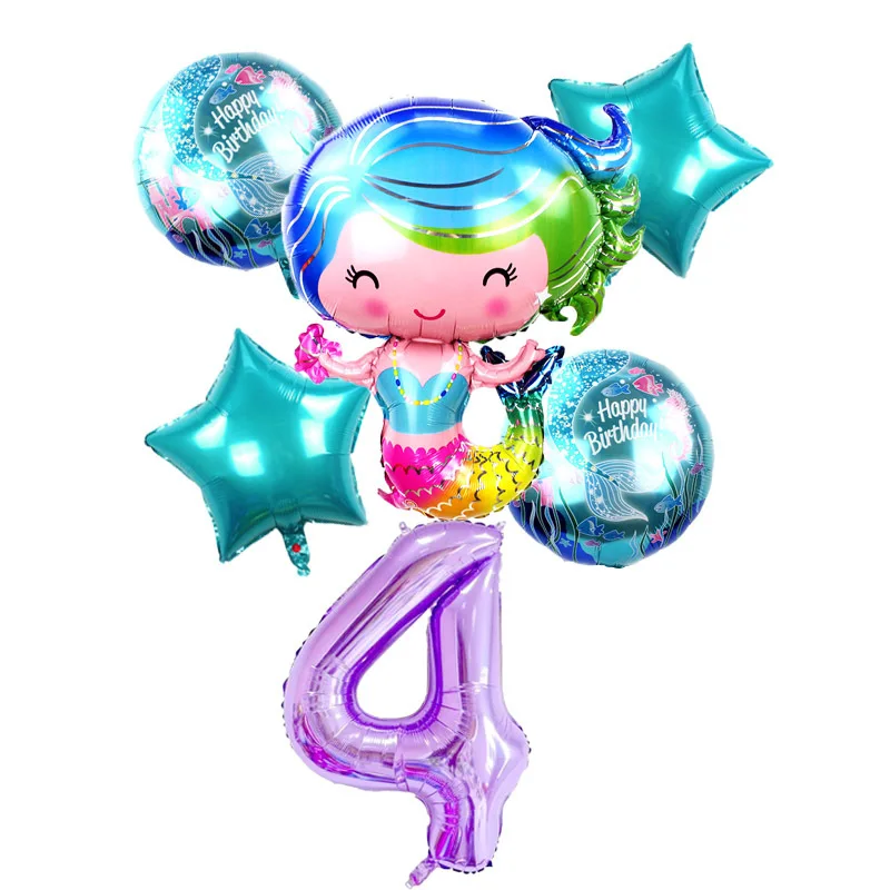 6pcs/lot 40 inch Cartoon Mermaid Fioil Balloons Number Balloon Birthday For Baby Girl Gift Ariel Helium Globos | Дом и сад