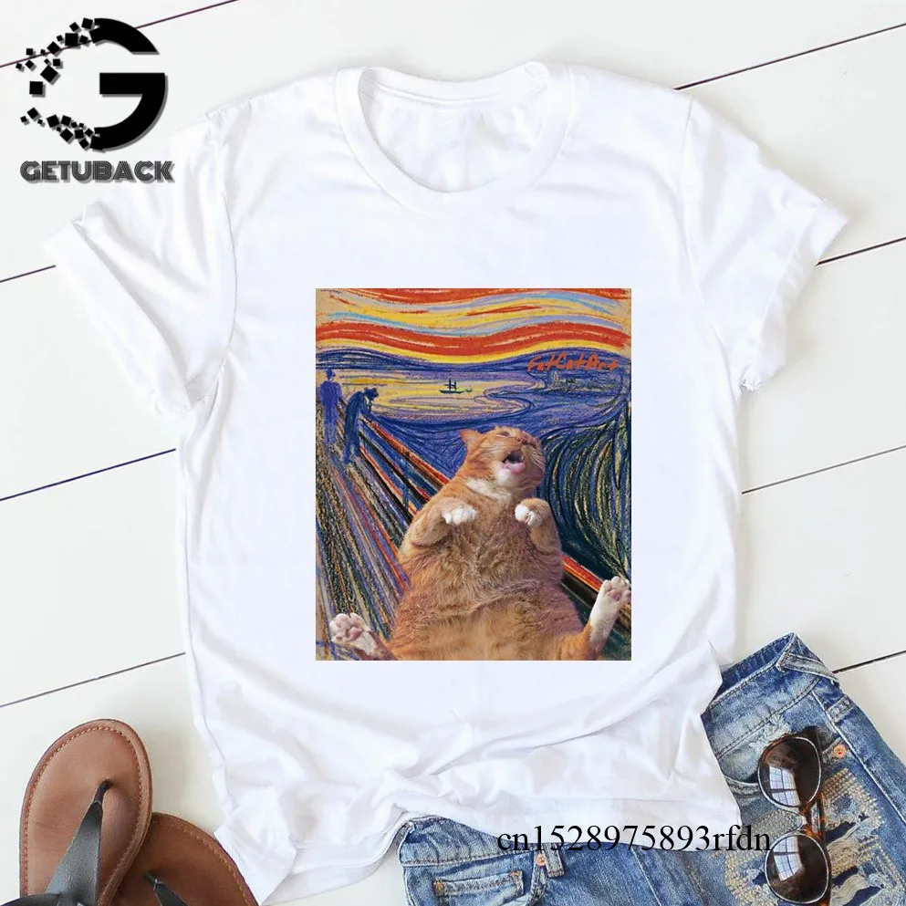Забавная футболка с котом Женская Повседневная микеланжело модная коротким