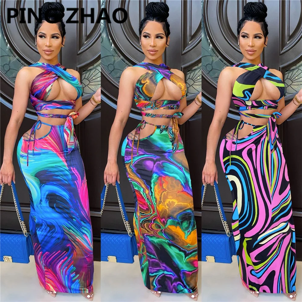 

PING ZHAO Women Set Sleeveless Bandage Crop Tops Lace Up Stretchy Long Skirts Two Piece Sets Sexy Fashion Outfit Summer 2021