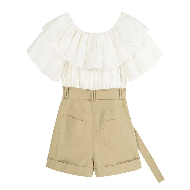 

[EAM] Spliced Khaki Slash Neck Belt Loose Fit Women Rompers New High Waist Pocket Pants Fashion Spring Summer 2021 1DD8007