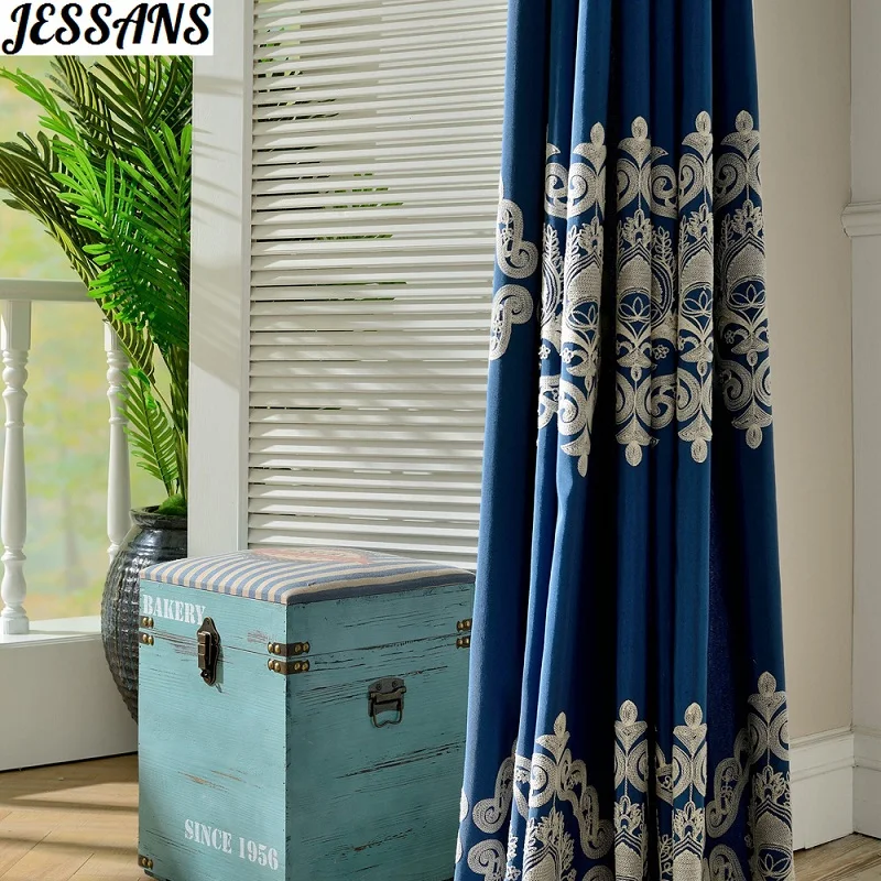 

European Style Light Luxury Shade Embroidered Curtains for Living Room Bedroom Blue Jacquard Curtain Classical Decoration Custom