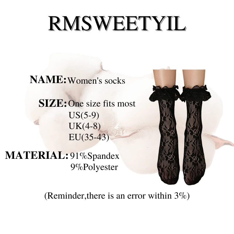 

RMSWEETYIL 2Pairs Lace Ruffle Frilly Socks For Women Lolita Sexy Sheer Black White Mesh Fishnet Transparent Ladies Ankle Sock