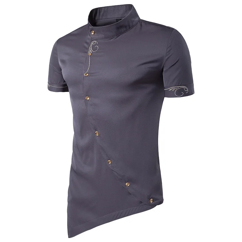 

Men's Daily Chinoiserie Cotton Slim Shirt - Solid Colored Basic Standing Collar Navy Blue / Short Sleeve / Summer