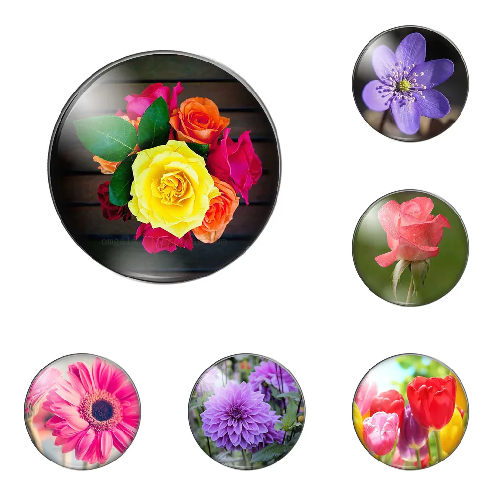 

Fashion Beautiful Colorful Flower Rose Photo Flatback Round Glass Cabochons 25mm 20mm 18mm 14mm 12mm 10mm Diy Jewerly Findings