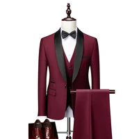 jeltonewin custom made men suits slim fit 3 pieces groomsmen burgundy shawl lapel business tuxedos for formal wedding blazer