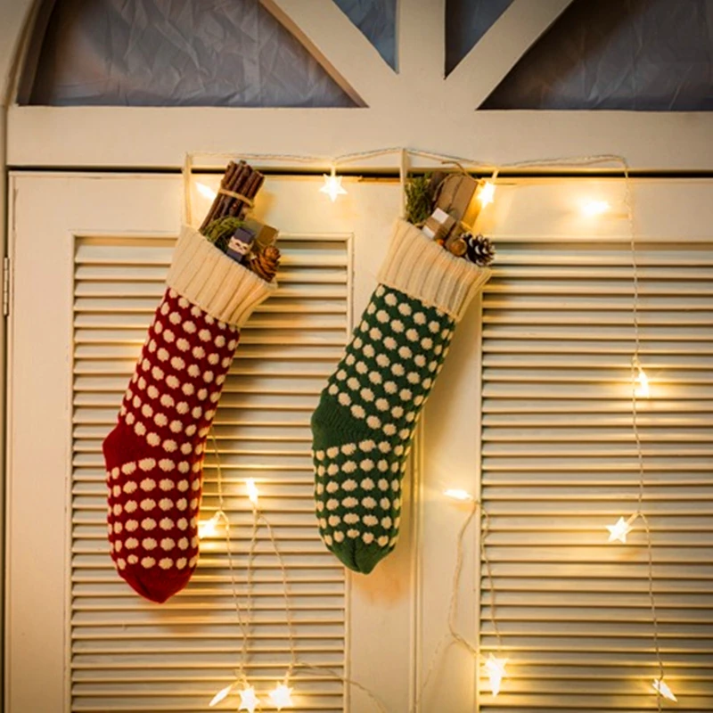 

Вязаные рождественские носки в горошек, шерстяные украшения, украшение для дома, подвеска, подарок, мешок конфет, зеленый/красный