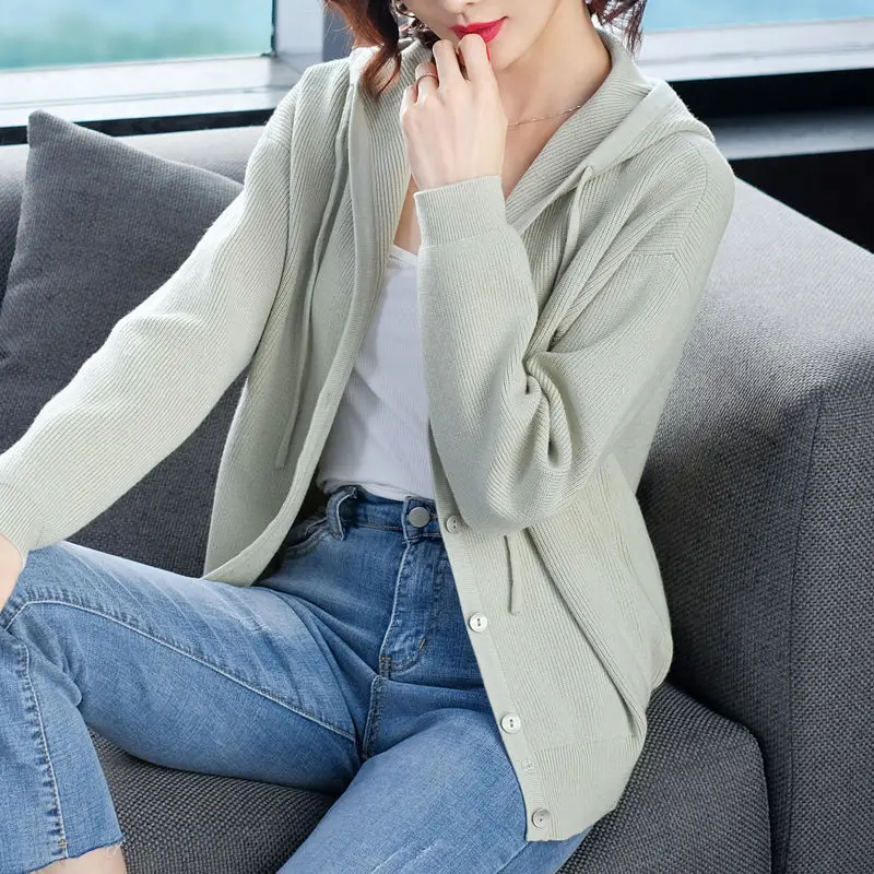 Женский тонкий вязаный свитер с капюшоном повседневный Свободный укороченный