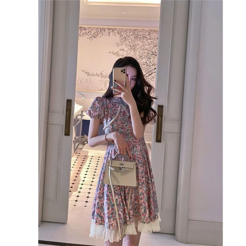 

Patchwork Bow Design Vingate Dress Women Short Sleeve Floral Dress Party Evening Dress for Females Korean Style 2021 Summer Lace
