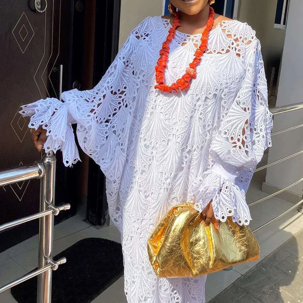 Белое кружевное платье из двух частей для женщин с длинным Расклешенным рукавом