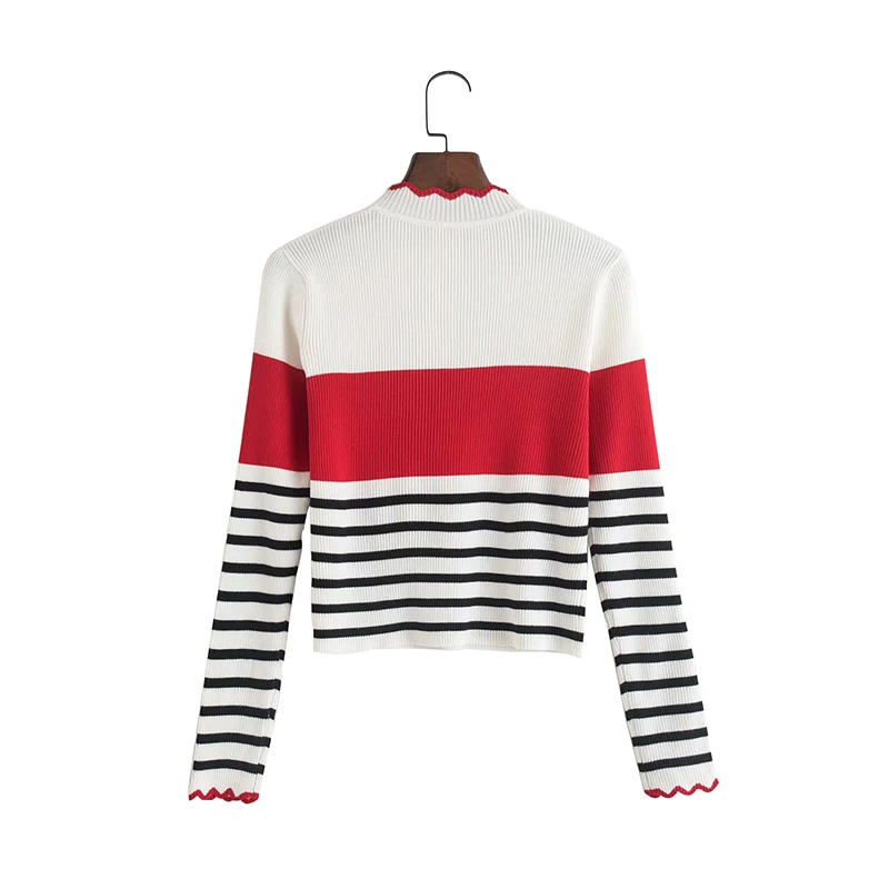 Женский трикотажный свитер с оборками Повседневный пуловер в полоску круглым